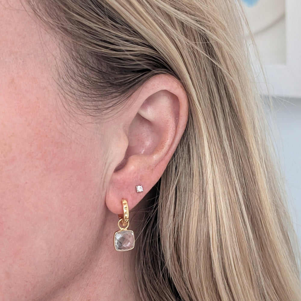 gold hoop earrings with white topaz square cushion charms