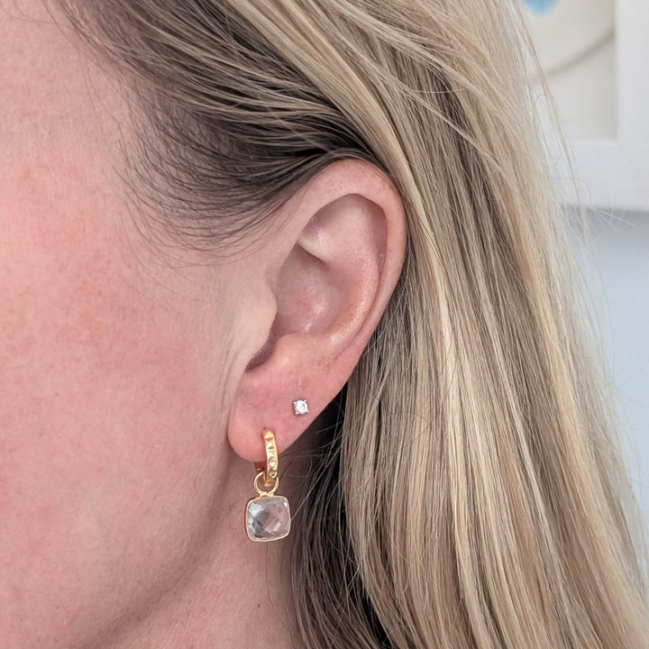 gold hoop earrings with white topaz square cushion charms