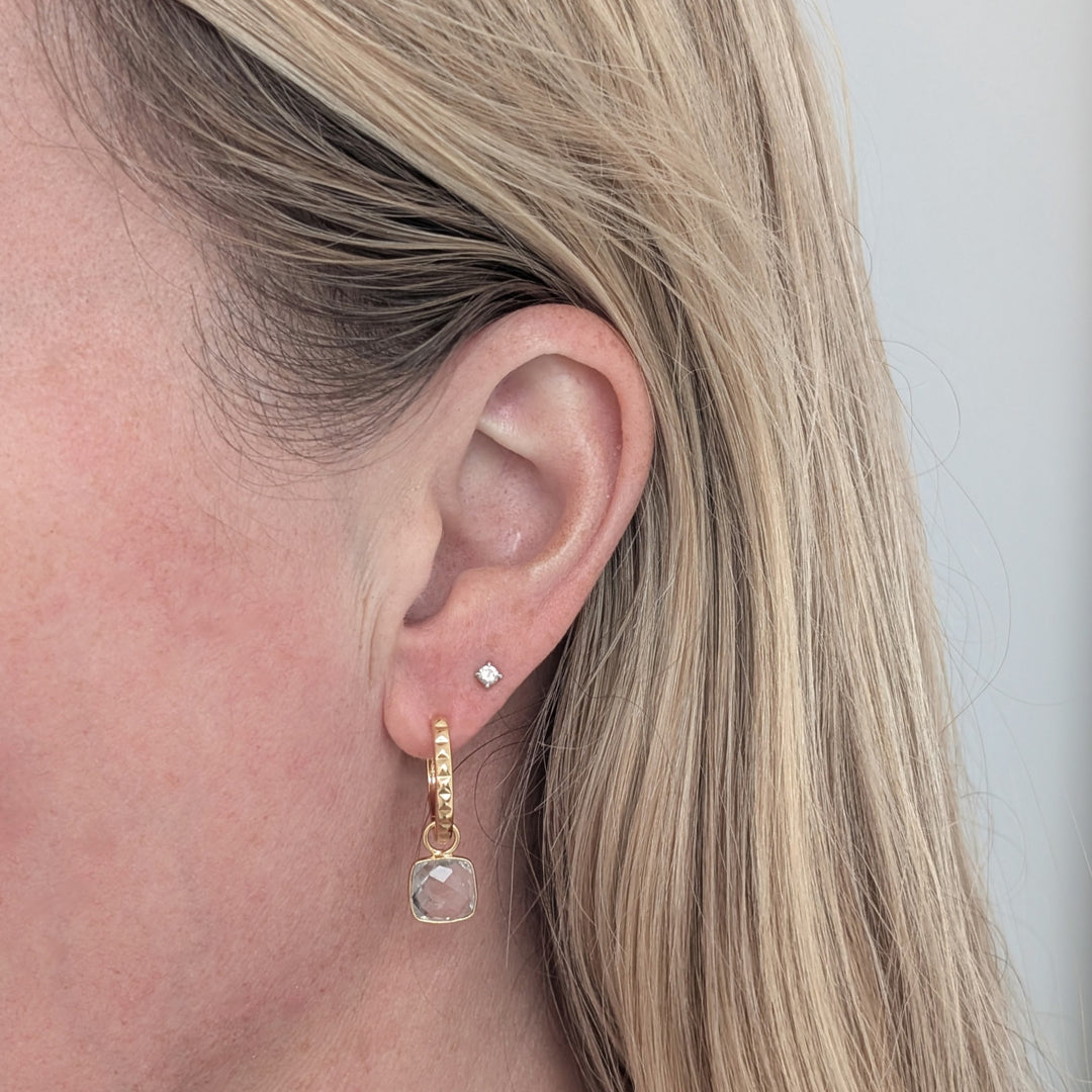 gold hoop earrings with white topaz square cushion charms