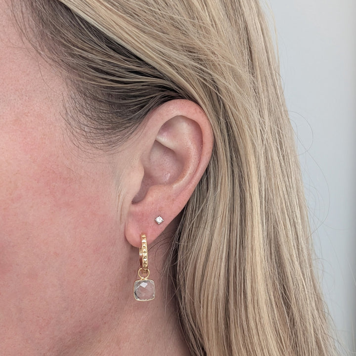 gold hoop earrings with white topaz square cushion charms