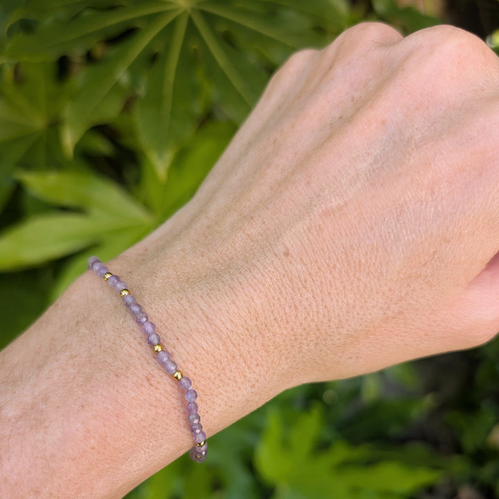 purple amethyst February birthstone gemstone and gold bead bracelet 