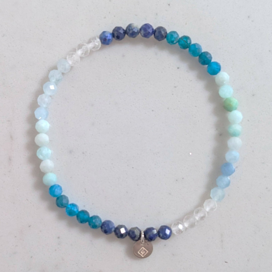 clear quartz, moonstone, amazonite, aquamarine, apatite and lapis lazuli beaded gemstone bracelet 