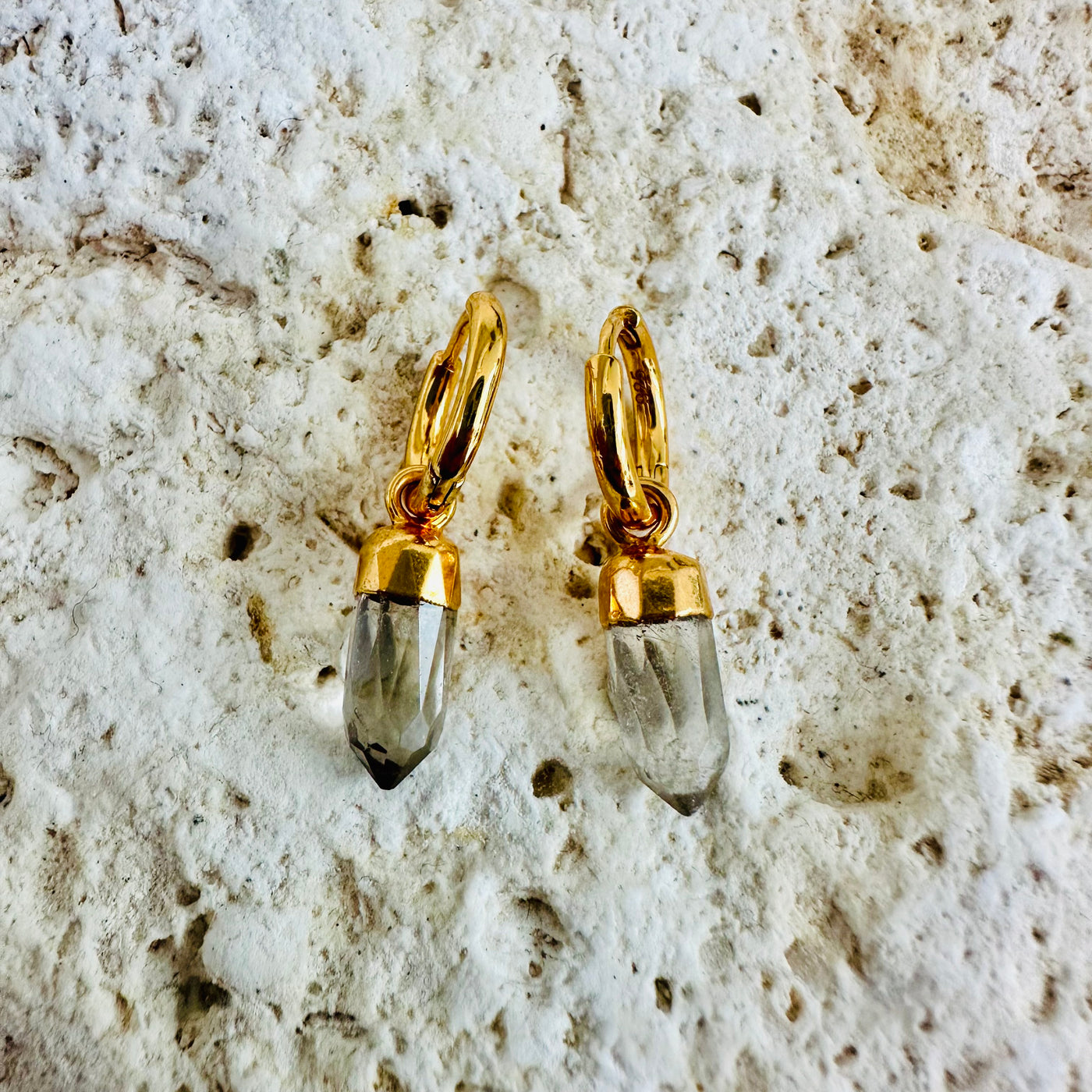 clear quartz spike gold hoop earrings