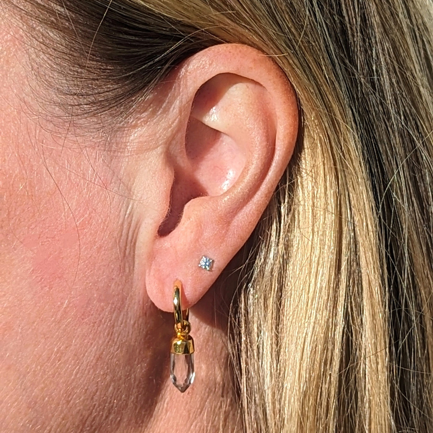 clear quartz spike gold hoop earrings