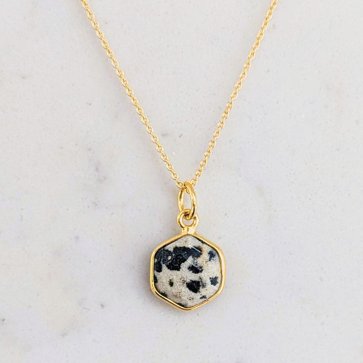 gold plated dalmatian jasper hexagonal necklace