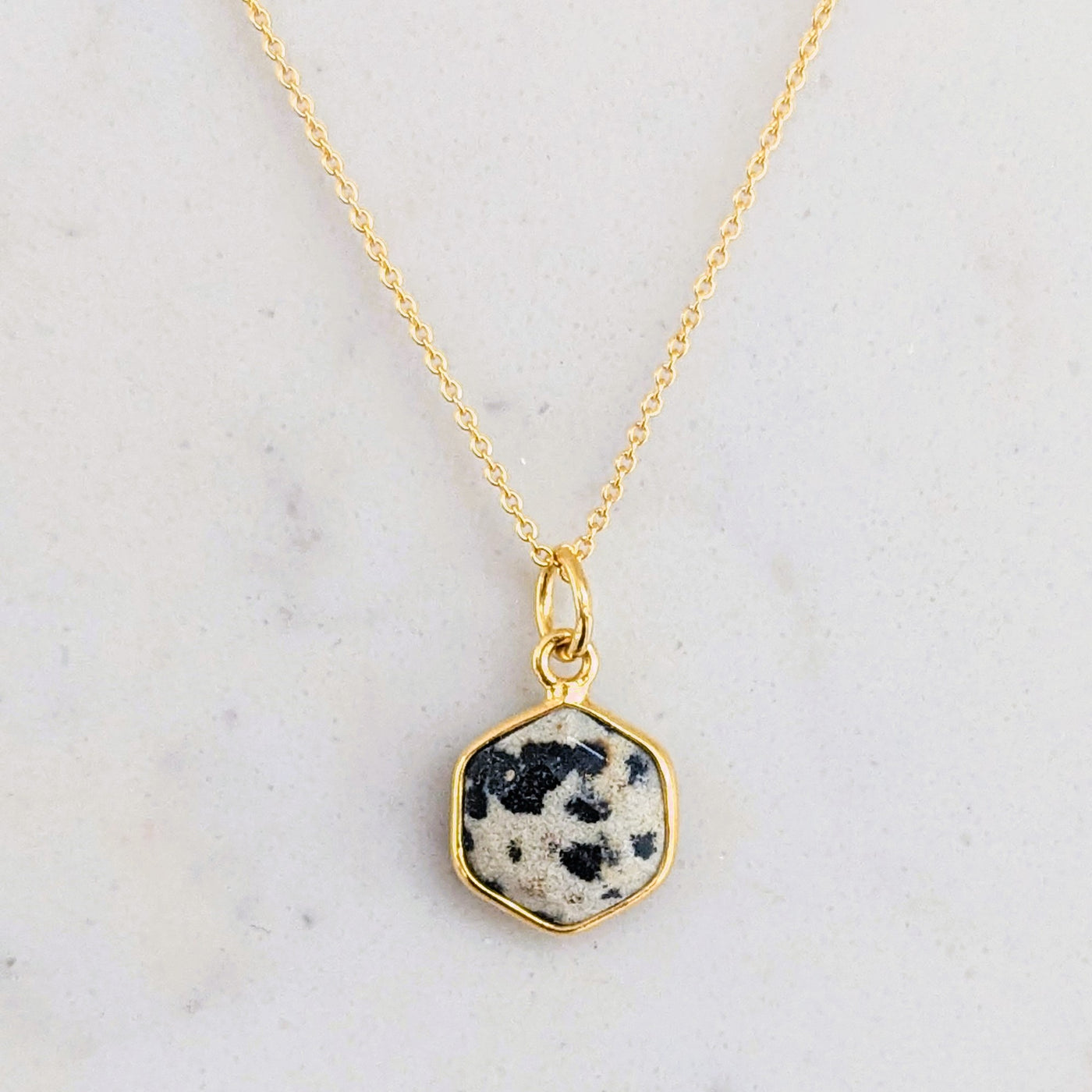 gold plated dalmatian jasper hexagonal necklace