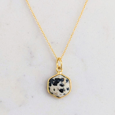 gold plated dalmatian jasper hexagonal necklace