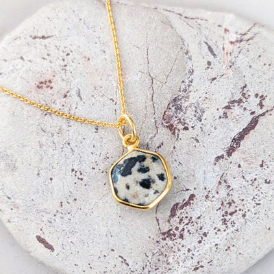 gold plated dalmatian jasper hexagonal necklace