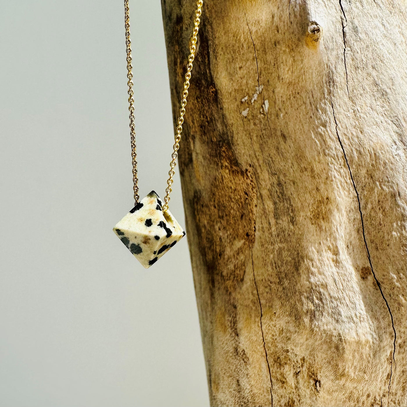 Dalmatian Jasper Octahedron Gold Necklace