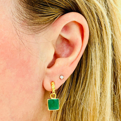 green onyx square charm hoop earrings