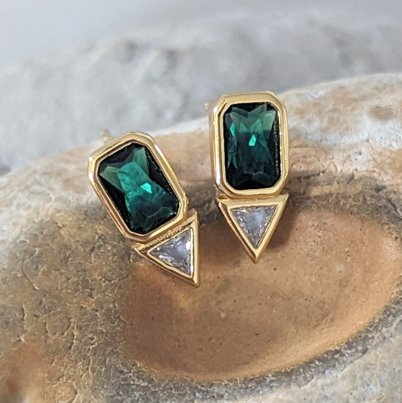 gold plated sterling silver geometric emerald stud earrings