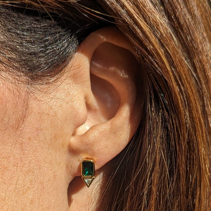 gold plated sterling silver geometric emerald stud earrings