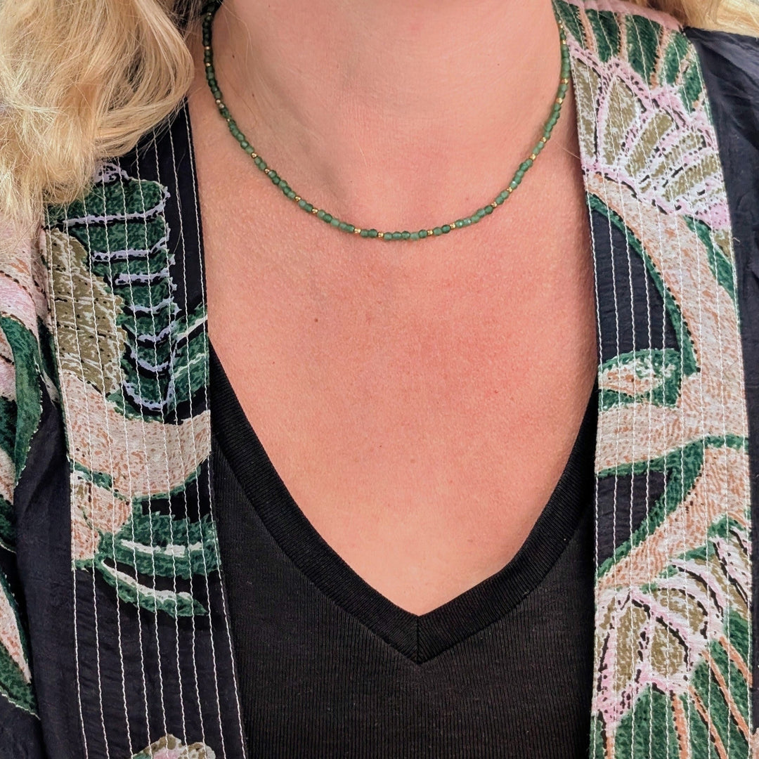 green aventurine 3mm faceted bead gemstone and gold bead necklace 