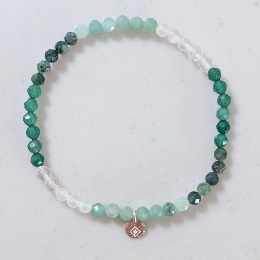 clear quartz, moonstone, emerald, jade and green aventurine green ombre gemstone bracelet 