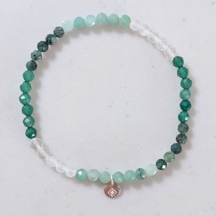 clear quartz, moonstone, emerald, jade and green aventurine green ombre gemstone bracelet 