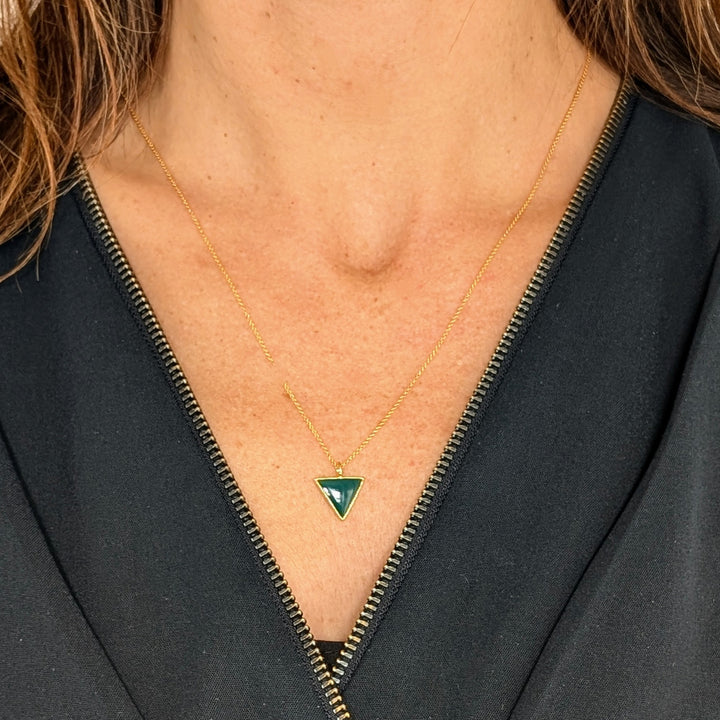 gold plated green onyx triangular pendant necklace 