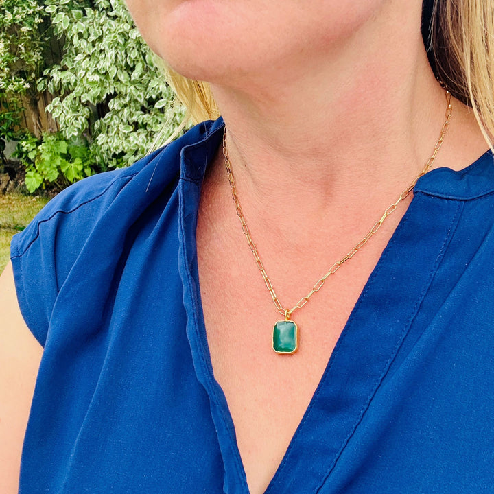 green onyx rectangle pendant necklace on a paperclip chain
