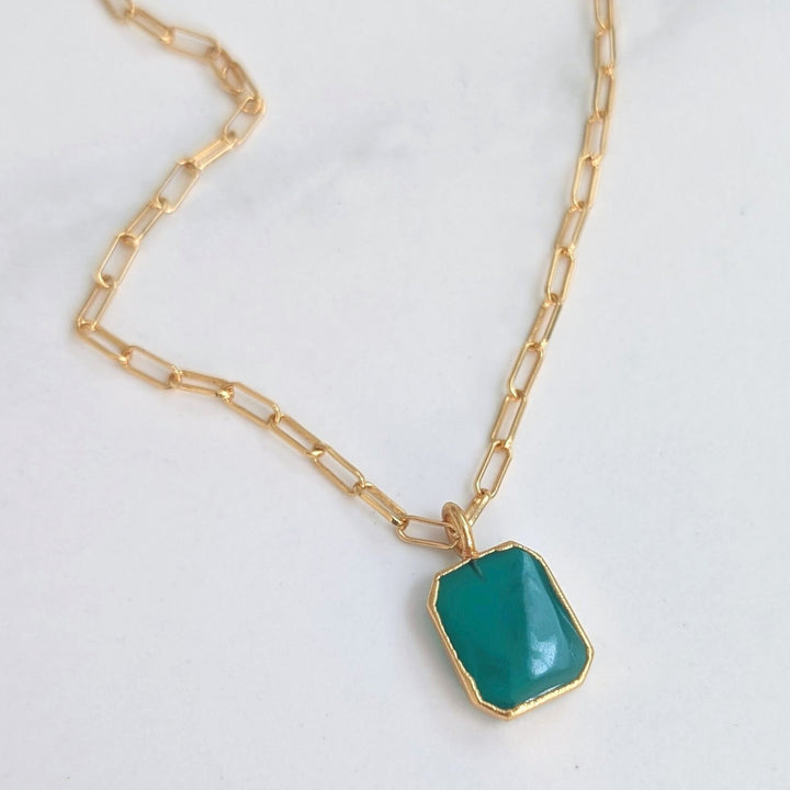 green onyx rectangle pendant necklace on a paperclip chain