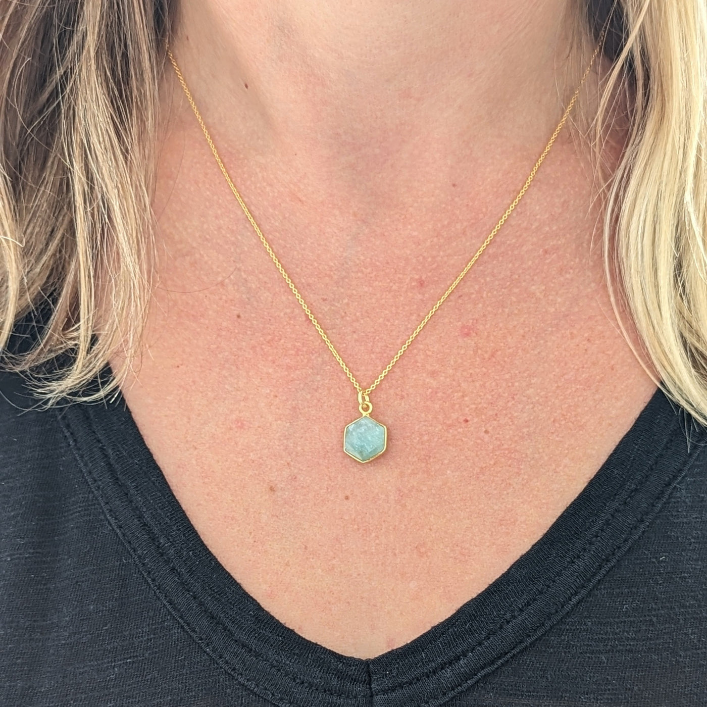 The Hexagon Amazonite Gemstone Necklace - 18ct Gold Plated