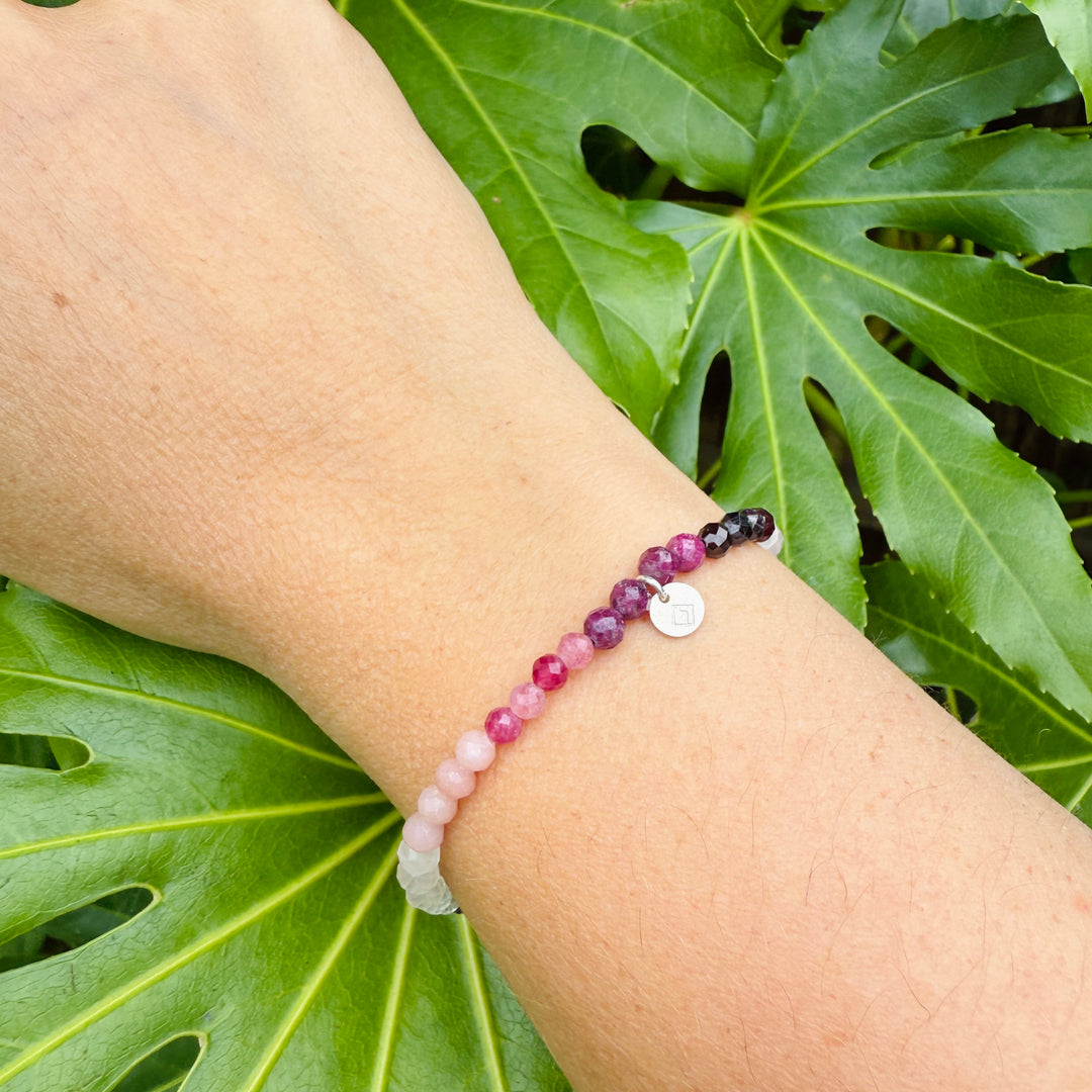 clear quartz, moonstone, rose quartz, pink opal, pink tourmaline and ruby beaded gemstone bracelet 