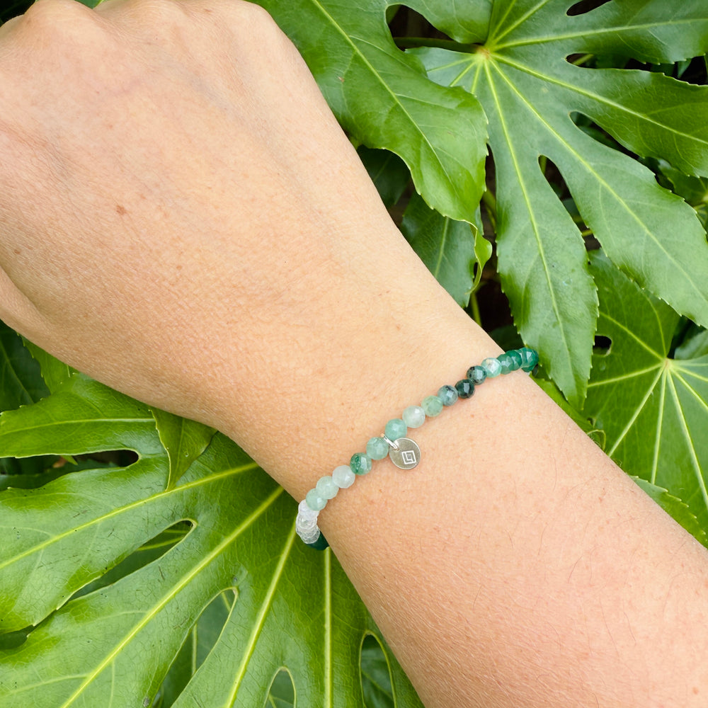 clear quartz, moonstone, emerald, jade and green aventurine green ombre gemstone bracelet 