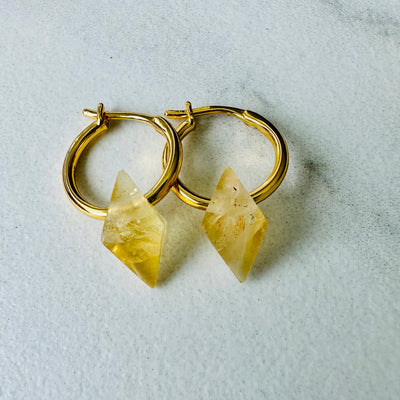 The Octahedron Citrine Gemstone Hoop Earrings - Gold Plated