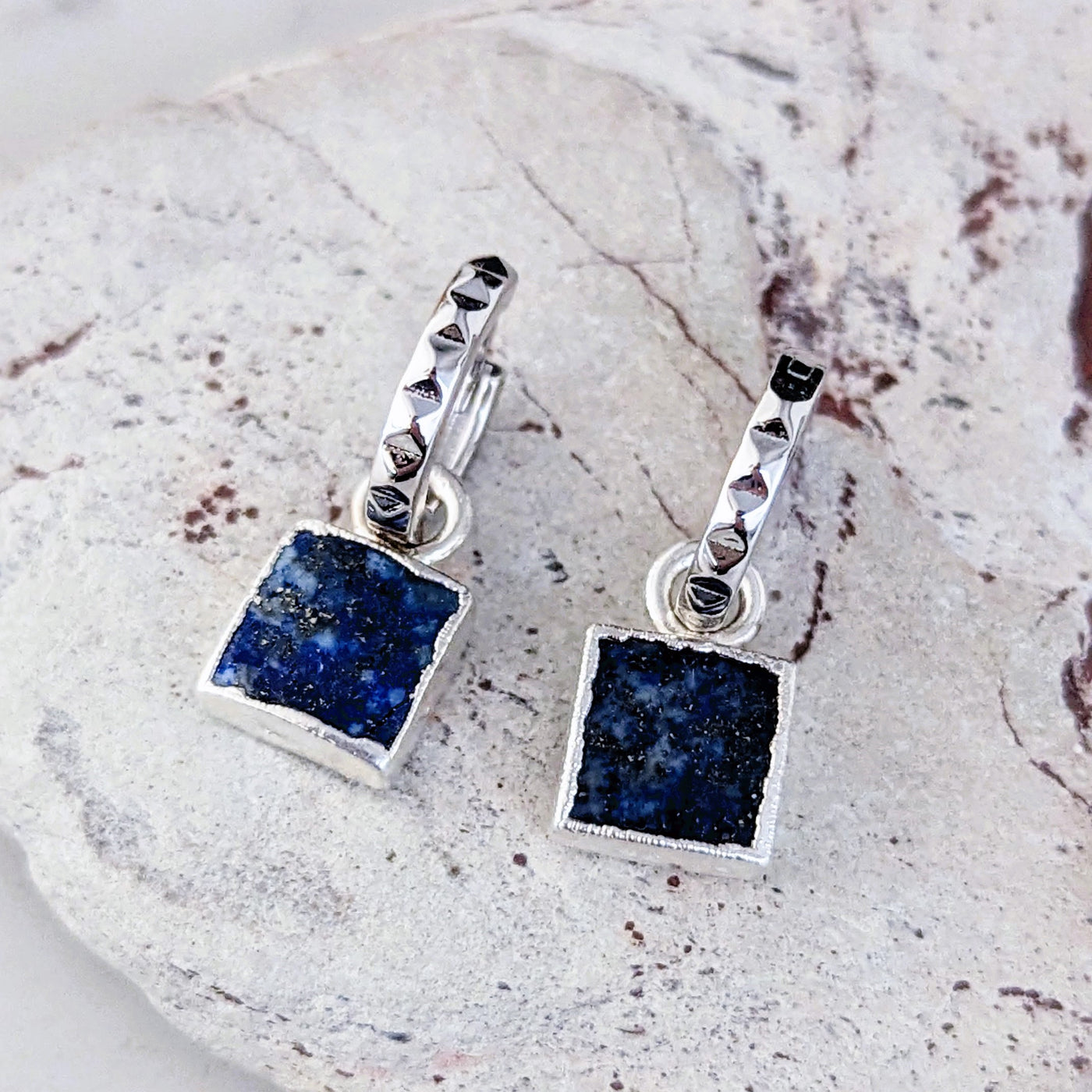 silver lapis lazuli square charm hoop earrings