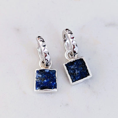 silver lapis lazuli square charm hoop earrings