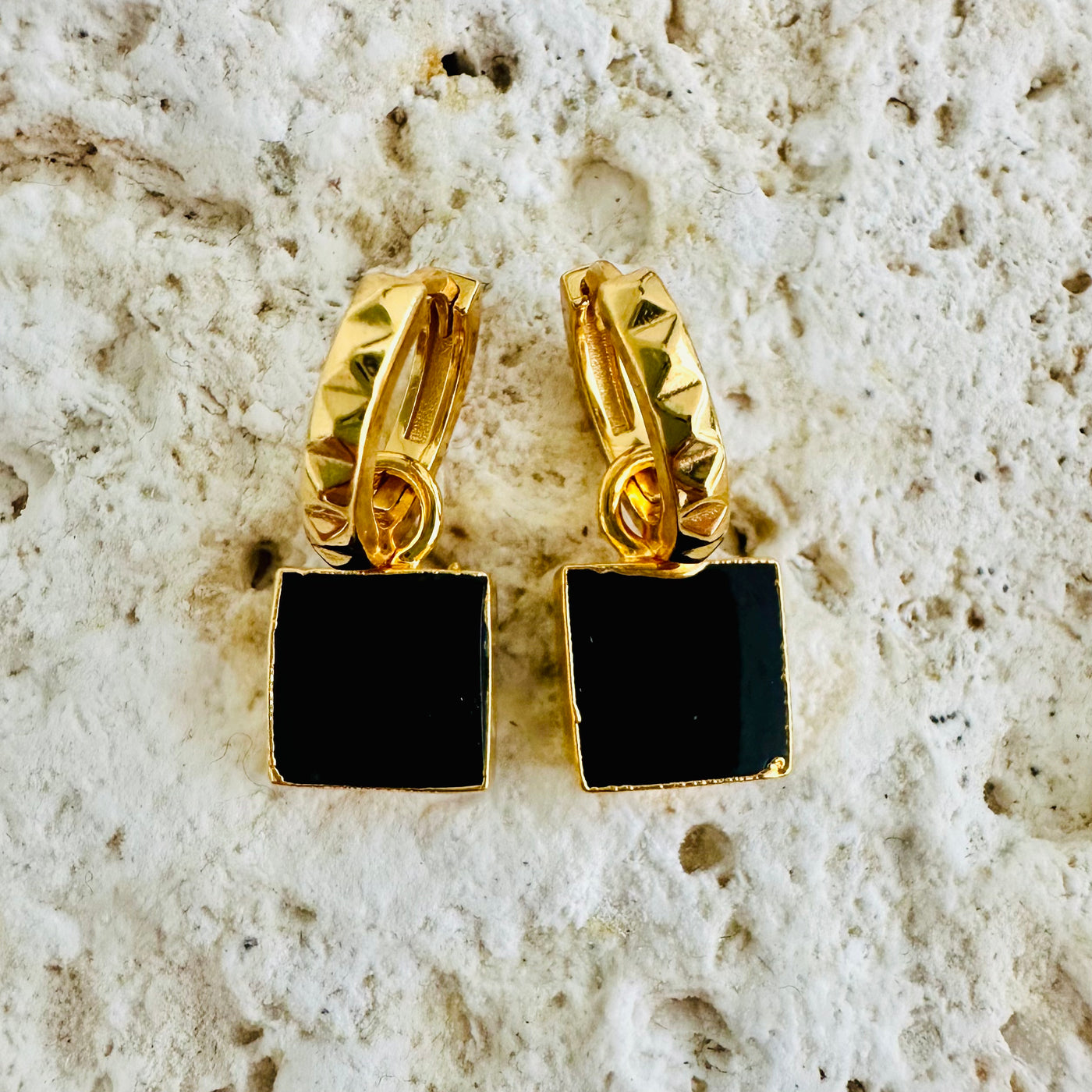The Square Black Onyx gold hoop