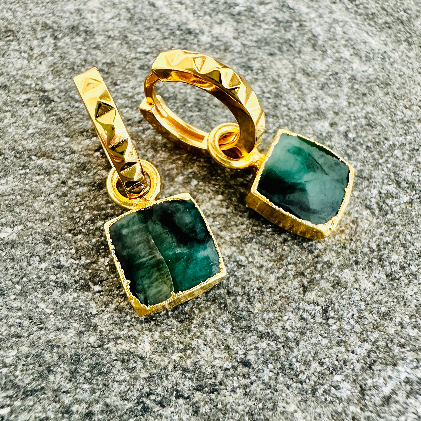 The Square Emerald Gemstone Hoop Earrings - Gold Plated