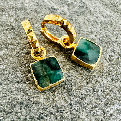 The Square Emerald Gemstone Hoop Earrings - 18CT Gold Plated