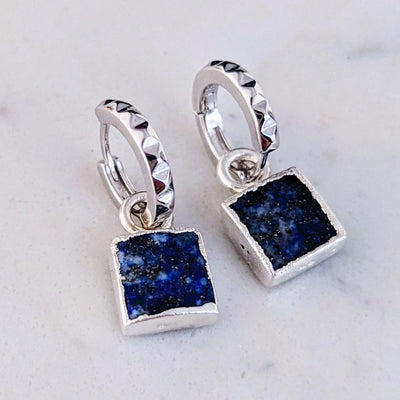 silver lapis lazuli square charm hoop earrings