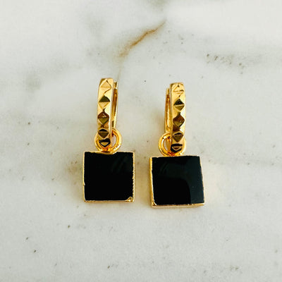 The Square Black Onyx gold hoop
