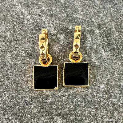 18 carat gold plated black onyx  square charm hoop earrings
