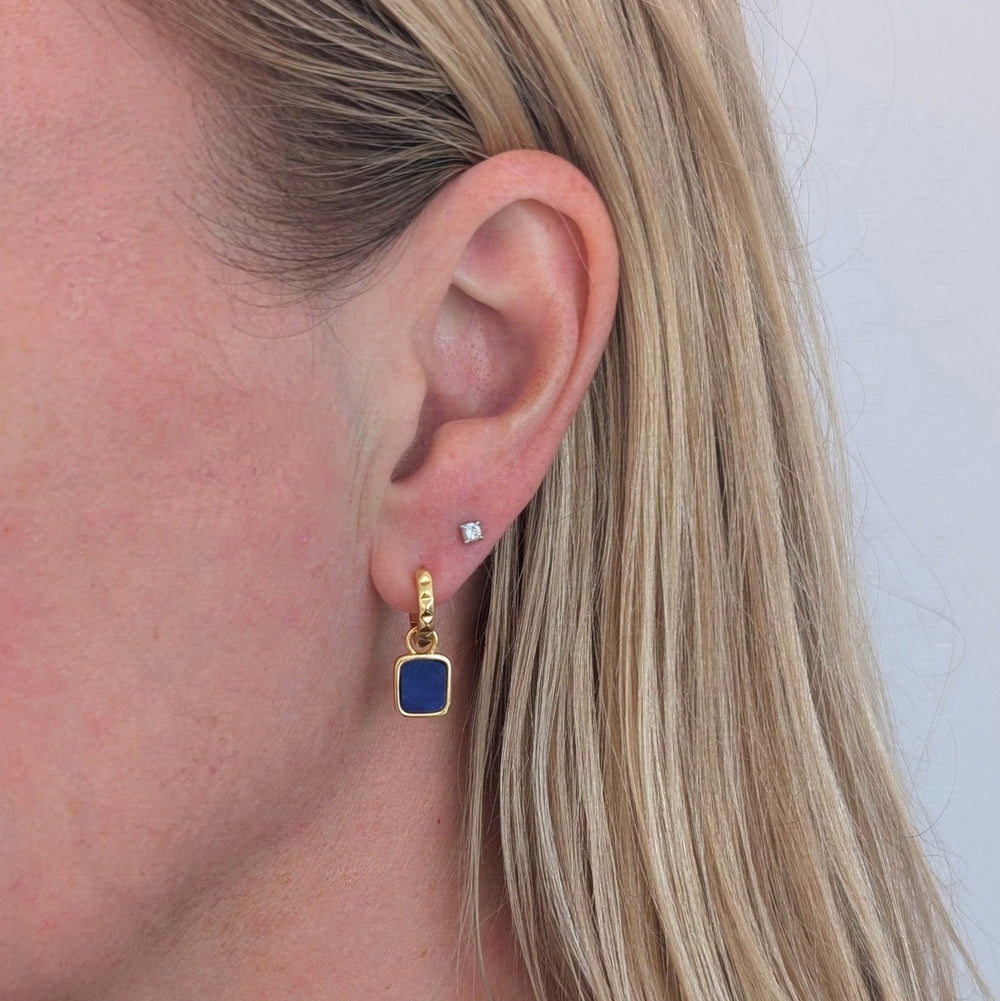 A pair of gold lapis lazuli Athena square charm gemstone hoop earrings 