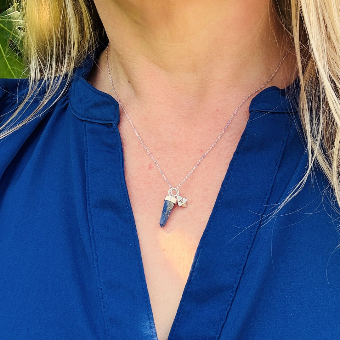 sterling silver and lapis lazuli spike pendant gemstone necklace with silver tetrahedron charm