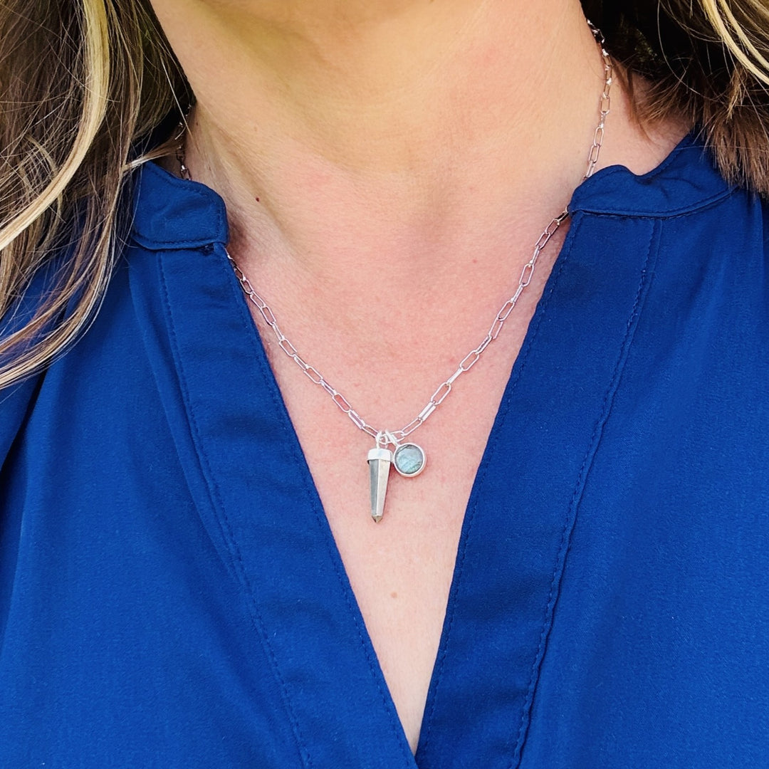 sterling silver pyrite spike gemstone necklace with labradorite charm