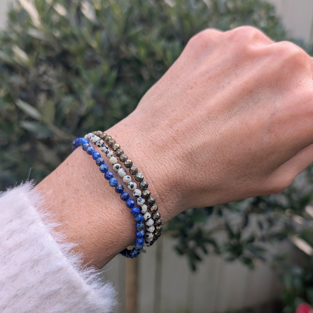 Inspire Results Gemstone Bracelet Set - Lapis Lazuli, Dalmatian Jasper and Pyrite 4mm faceted bead gemstone bracelets.
