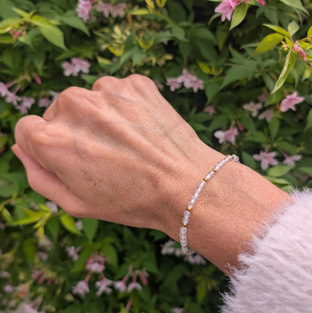 Clear quartz gemstone and gold bead April birthstone bracelet 