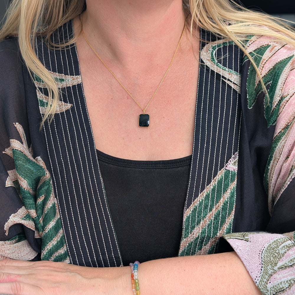 gold black onyx rectangular pendant necklace