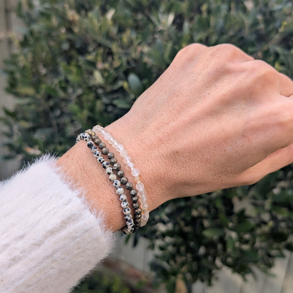 Live your best life gemstone intention bracelet set.  Dalmatian jasper, citrine and pyrite gemstone bracelets. 