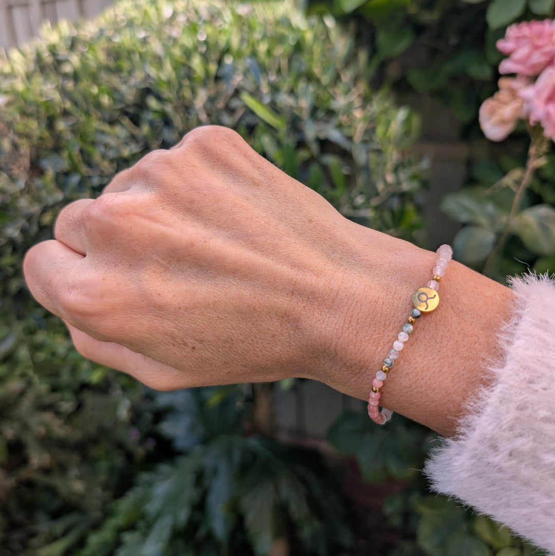 rose quartz, rhodonite and moss agate Taurus zodiac gemstone bracelet 