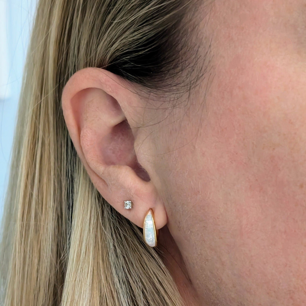 gold opal crescent hoop huggie earrings