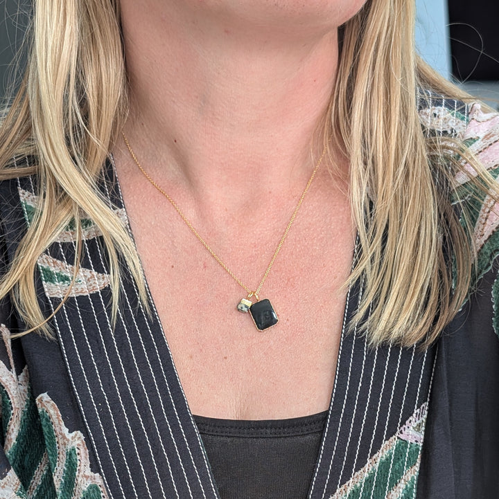 gold black tourmaline and dalmatian jasper pendant necklace 