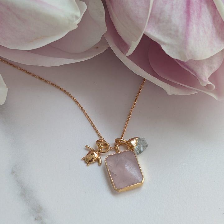 The Trio Rose Quartz, Aquamarine and Charm Necklace