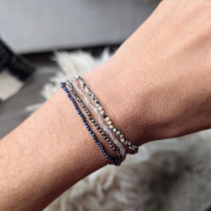 dalmatian jasper, lapis lazuli, pyrite and citrine gemstone 2mm faceted bead bracelet set 