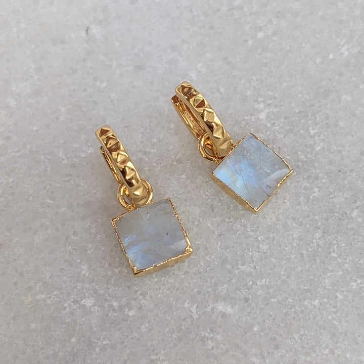 gold moonstone square charm gemstone hoop earrings