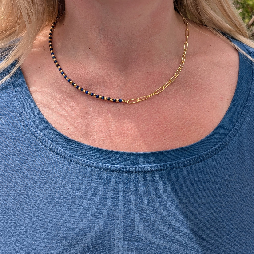 gold lapis lazuli and paperclip chain necklace 