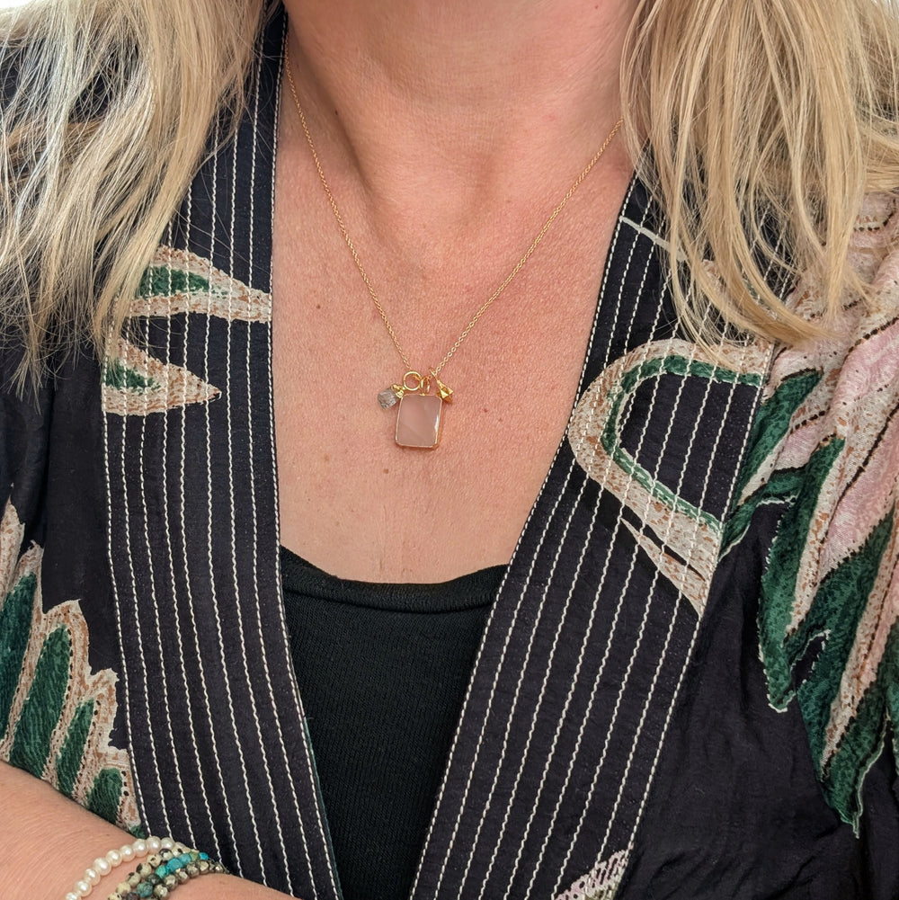 rose quartz, aquamarine and tetrahedron charm pendant necklace 