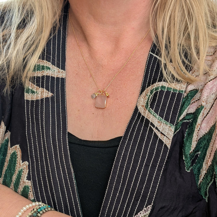 rose quartz, aquamarine and tetrahedron charm pendant necklace 